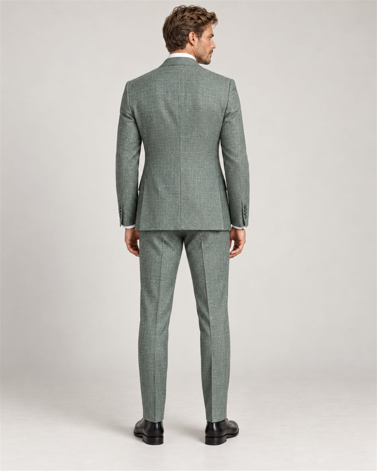 Green checked modern-fit three-piece suit – back view on model