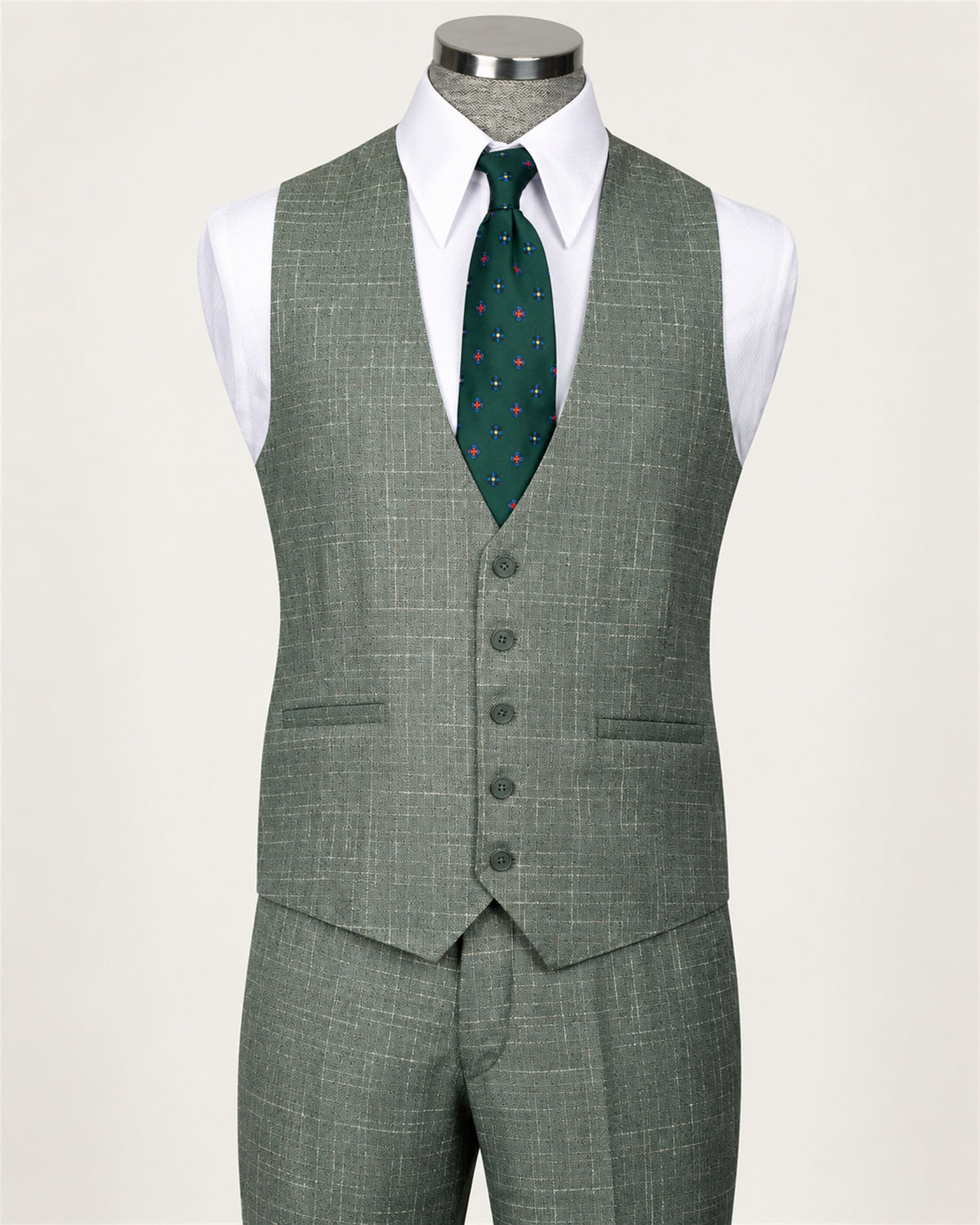 Green checked modern-fit three-piece suit – waistcoat on mannequin