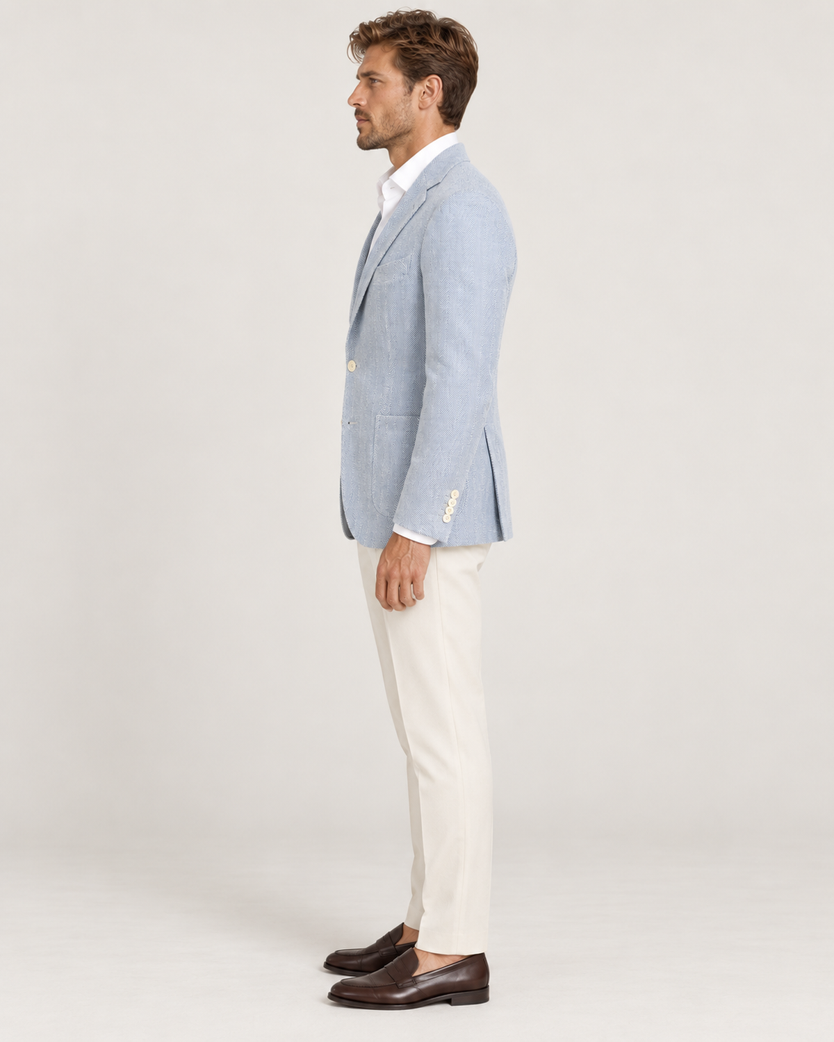 Light blue single-breasted linen and cotton blazer