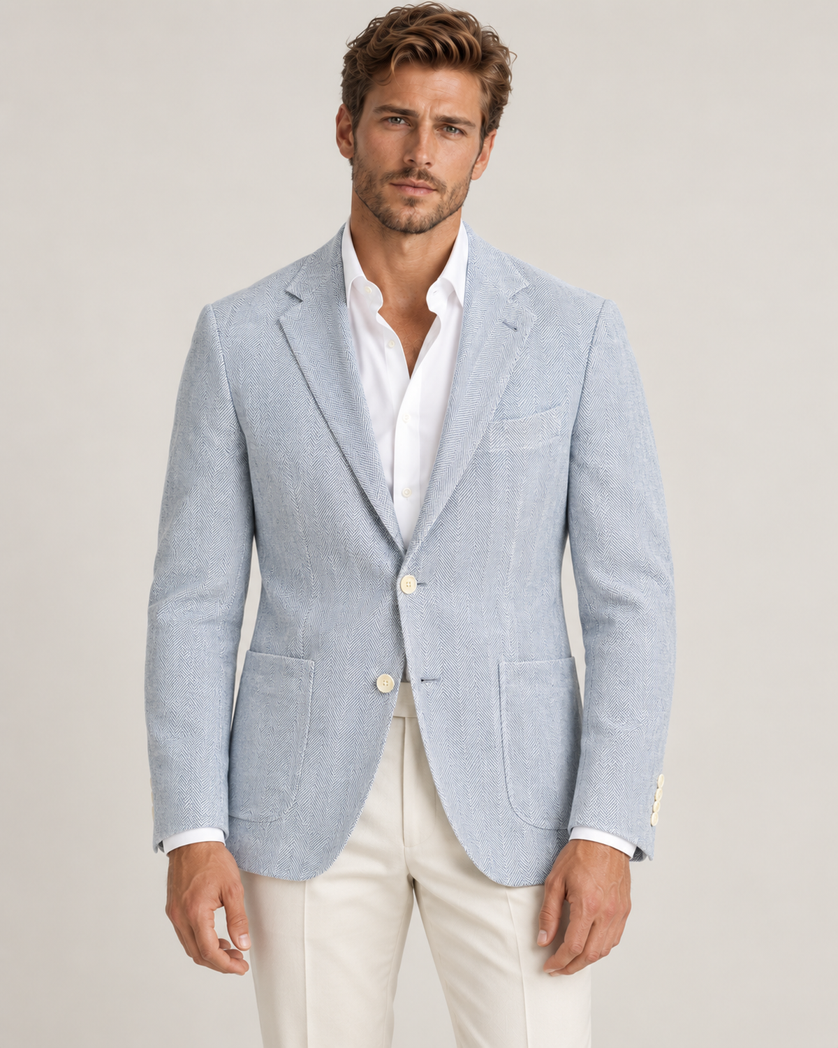 Light blue single-breasted linen and cotton blazer