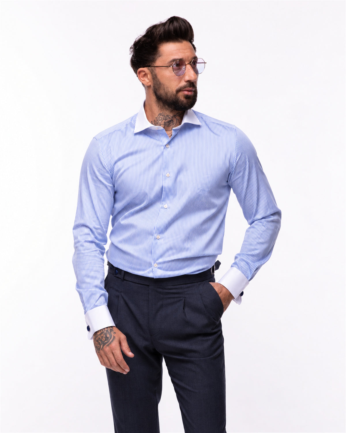 Light blue cotton shirt with white stripes and a contrast collar – on model