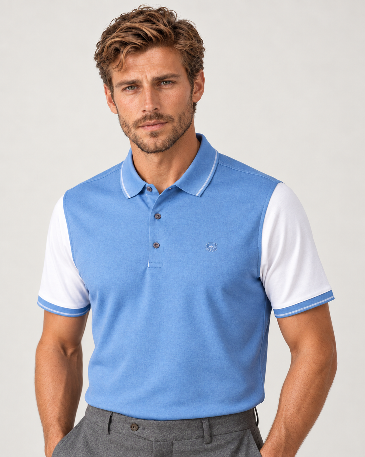 Light blue and white cotton polo shirt