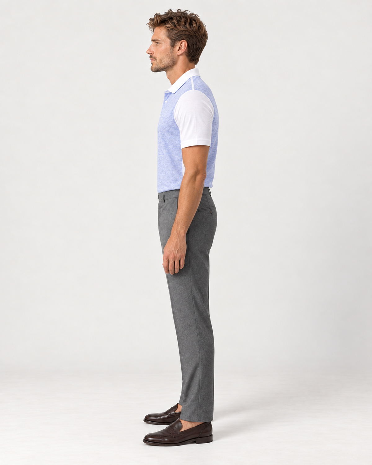 Hellblau und weiss gemustertes Polo-Shirt aus Baumwolle