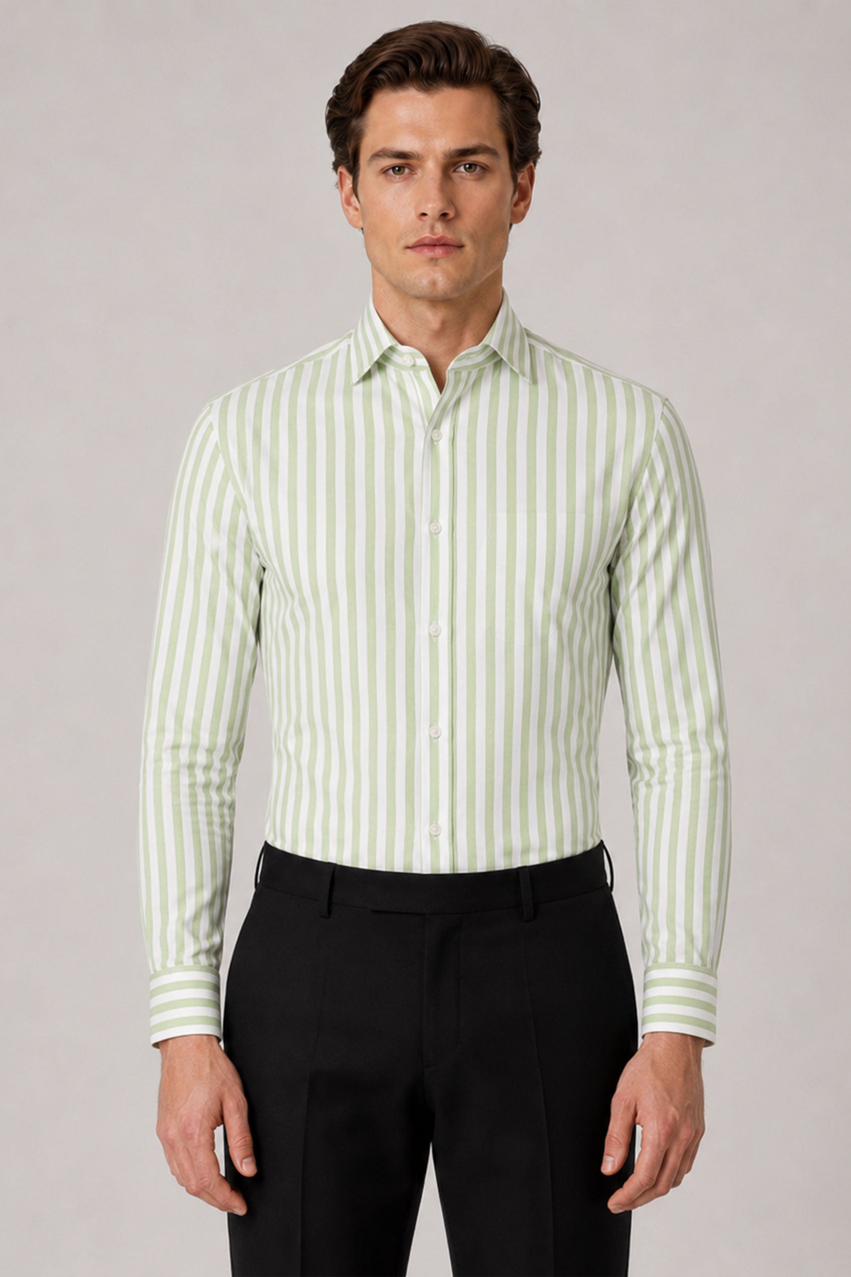 Hellgrün gestreiftes Twill Slim Fit Hemd