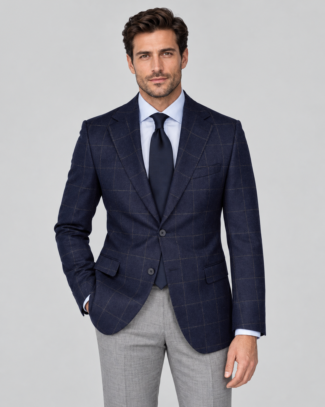 Marineblaues Tailored-Fit-Einreiher-Sakko aus Wolle mit Karomuster