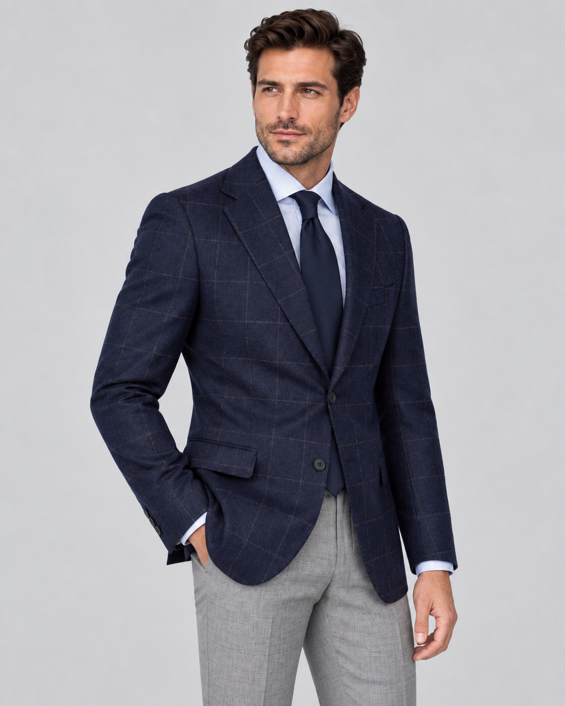 Marineblaues Tailored-Fit-Einreiher-Sakko aus Wolle mit Karomuster