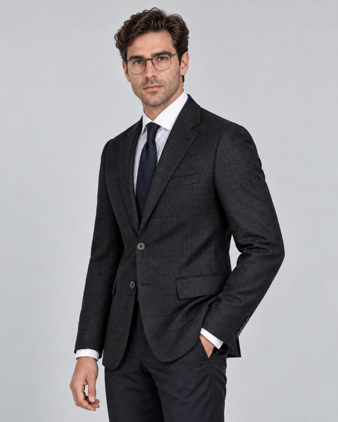 Dunkelgraues Tailored-Fit-Einreiher-Sakko aus Wolle mit Karomuster