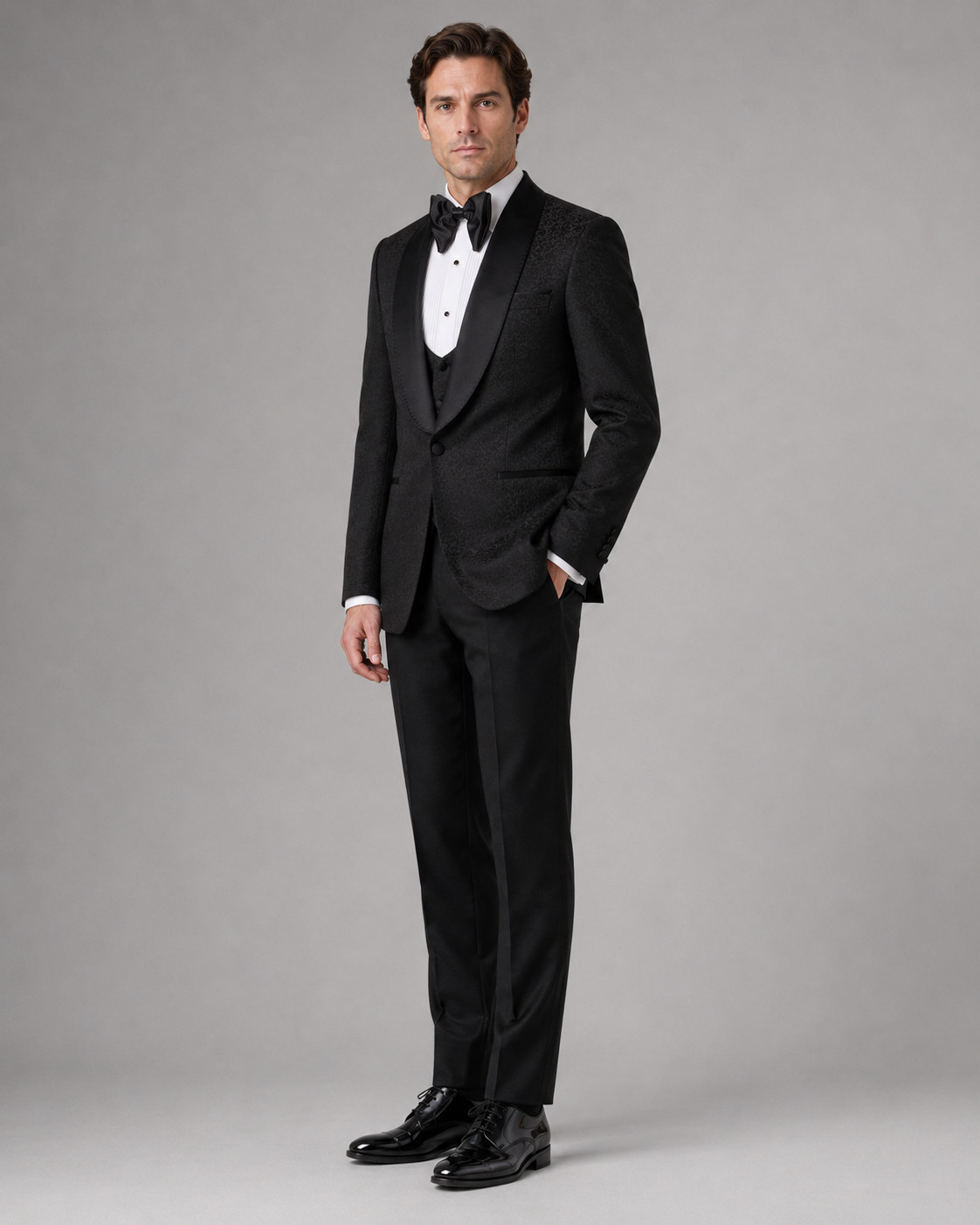 Smoking Herren Schwarz – Edler Anzug mit Strukturstoff Satin-Revers