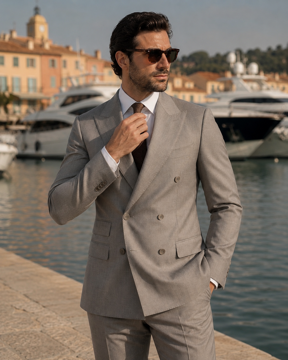 Beige slim-fit wool double-breasted suit