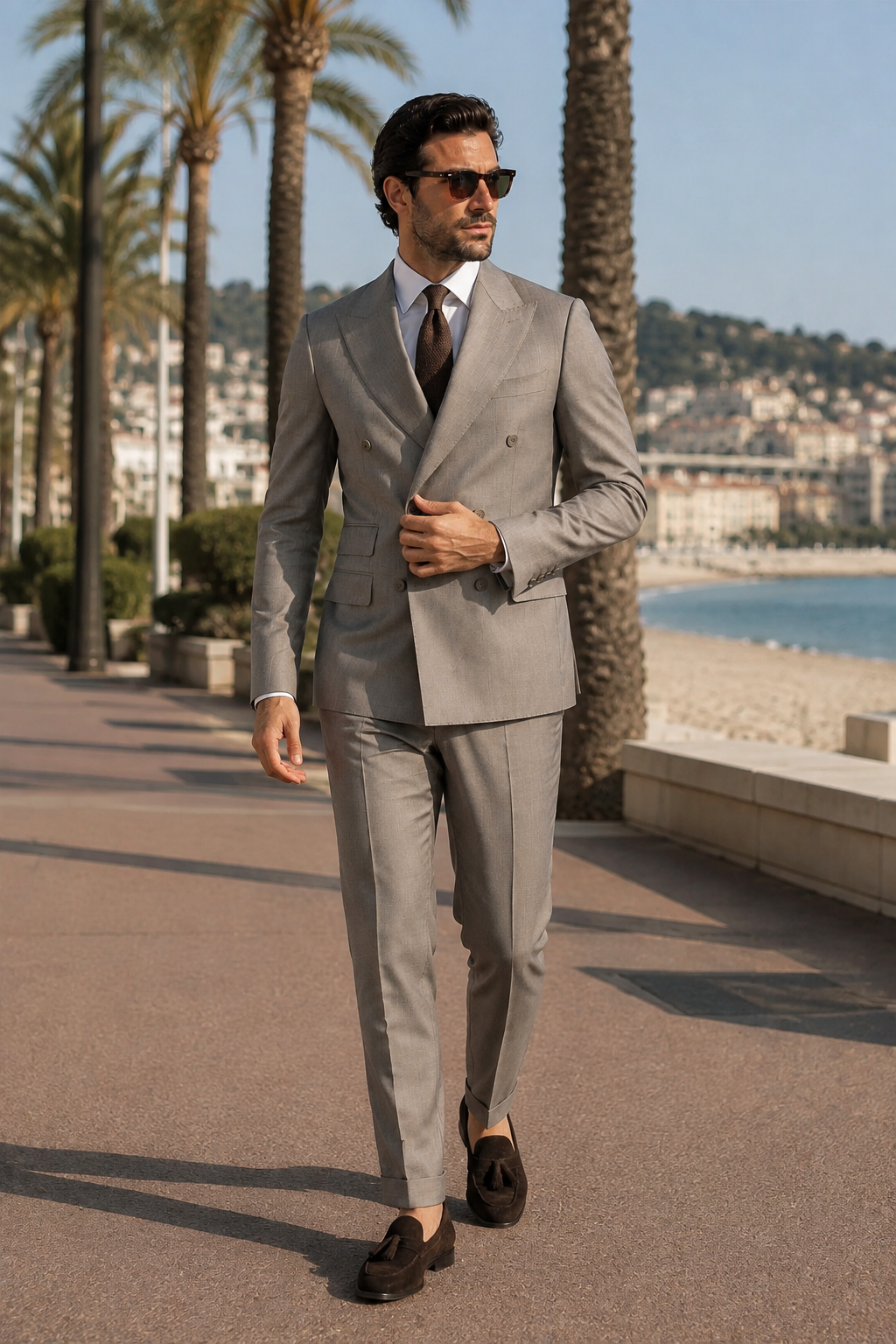 Beige slim-fit wool double-breasted suit