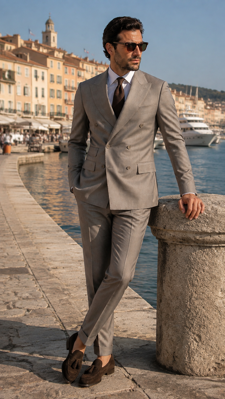 Beige slim-fit wool double-breasted suit