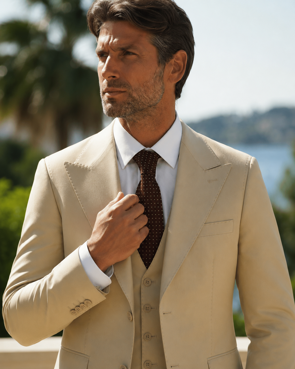 Beige Slim-Fit Super 160's Wool Suit with Single-Breasted Jacket