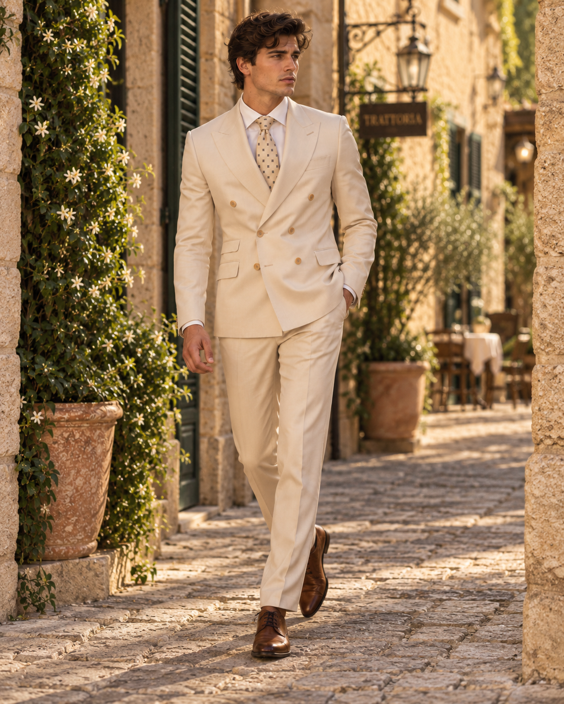 Beiger Slim-Fit-Zweireiher aus Super-130s-Wolle