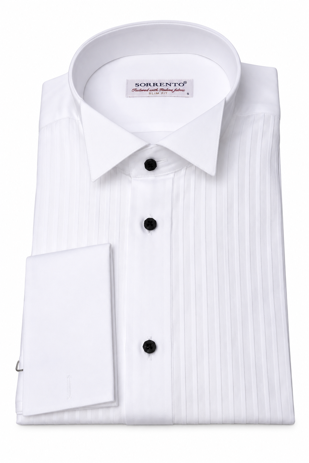 White cotton tuxedo shirt with pleated front
