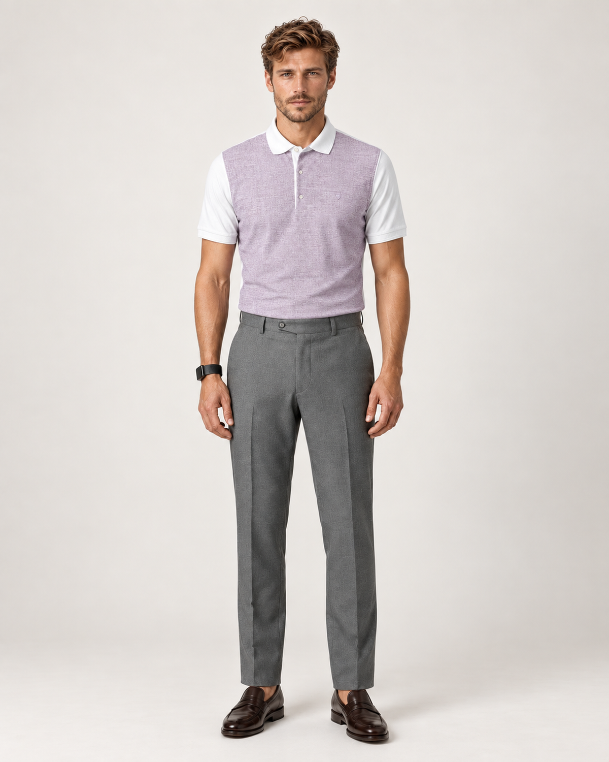 Lila und weiss gemustertes Polo-Shirt aus Baumwolle
