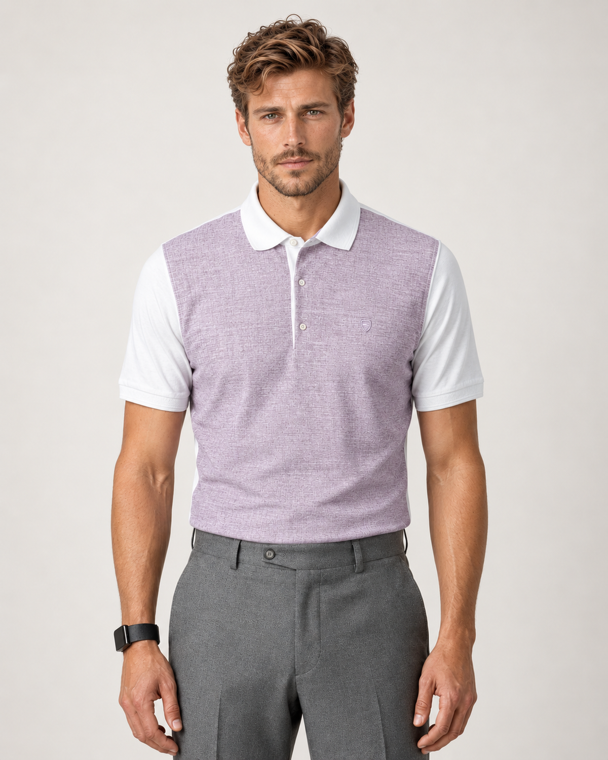 Lila und weiss gemustertes Polo-Shirt aus Baumwolle