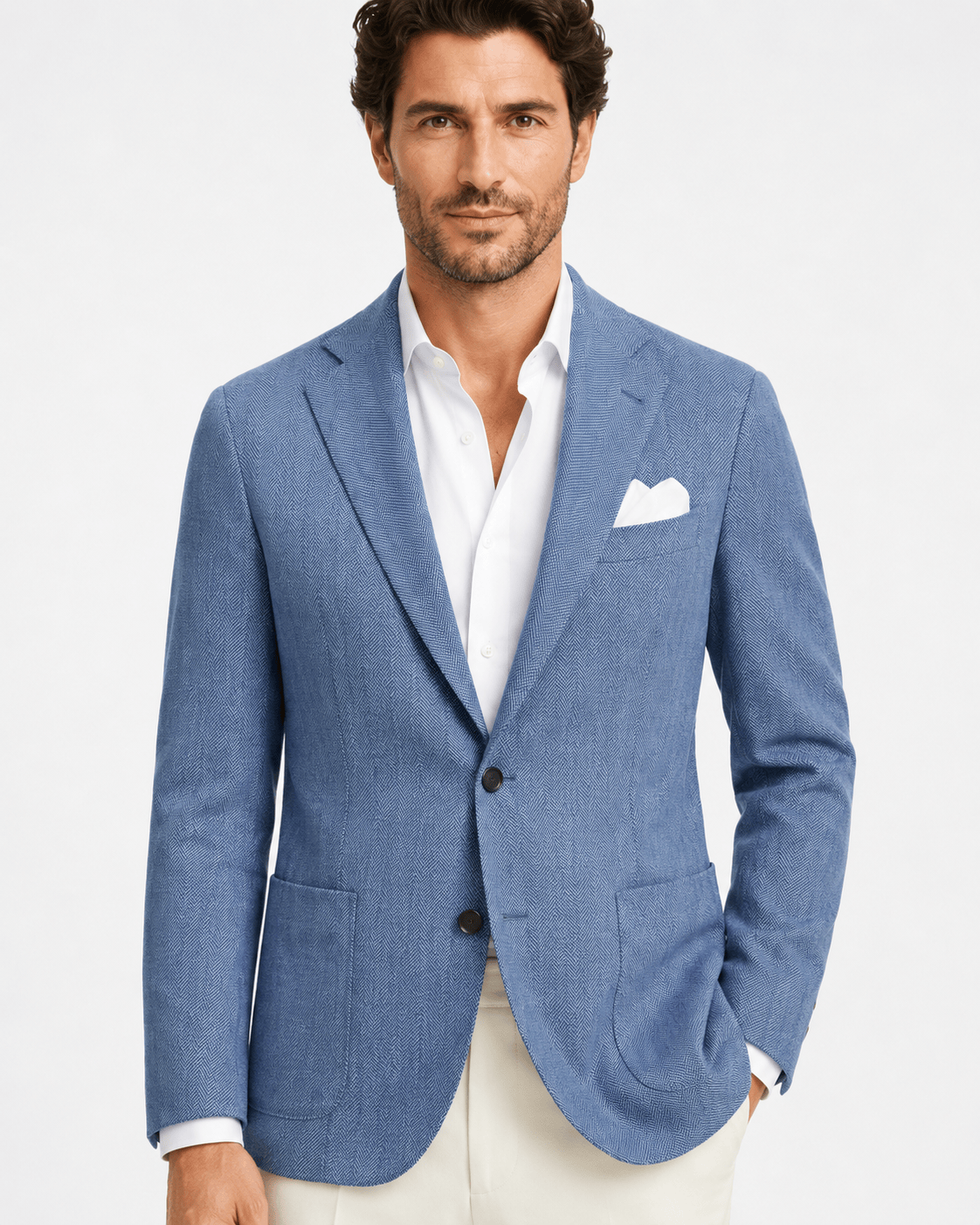 Marineblauer Leinen-Baumwoll-Blazer mit Fischgrätmuster und einreihigem Design