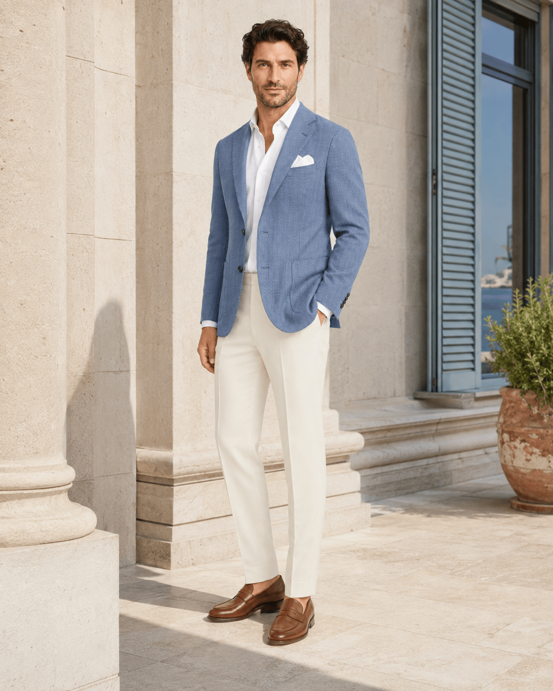 Marineblauer Leinen-Baumwoll-Blazer mit Fischgrätmuster und einreihigem Design