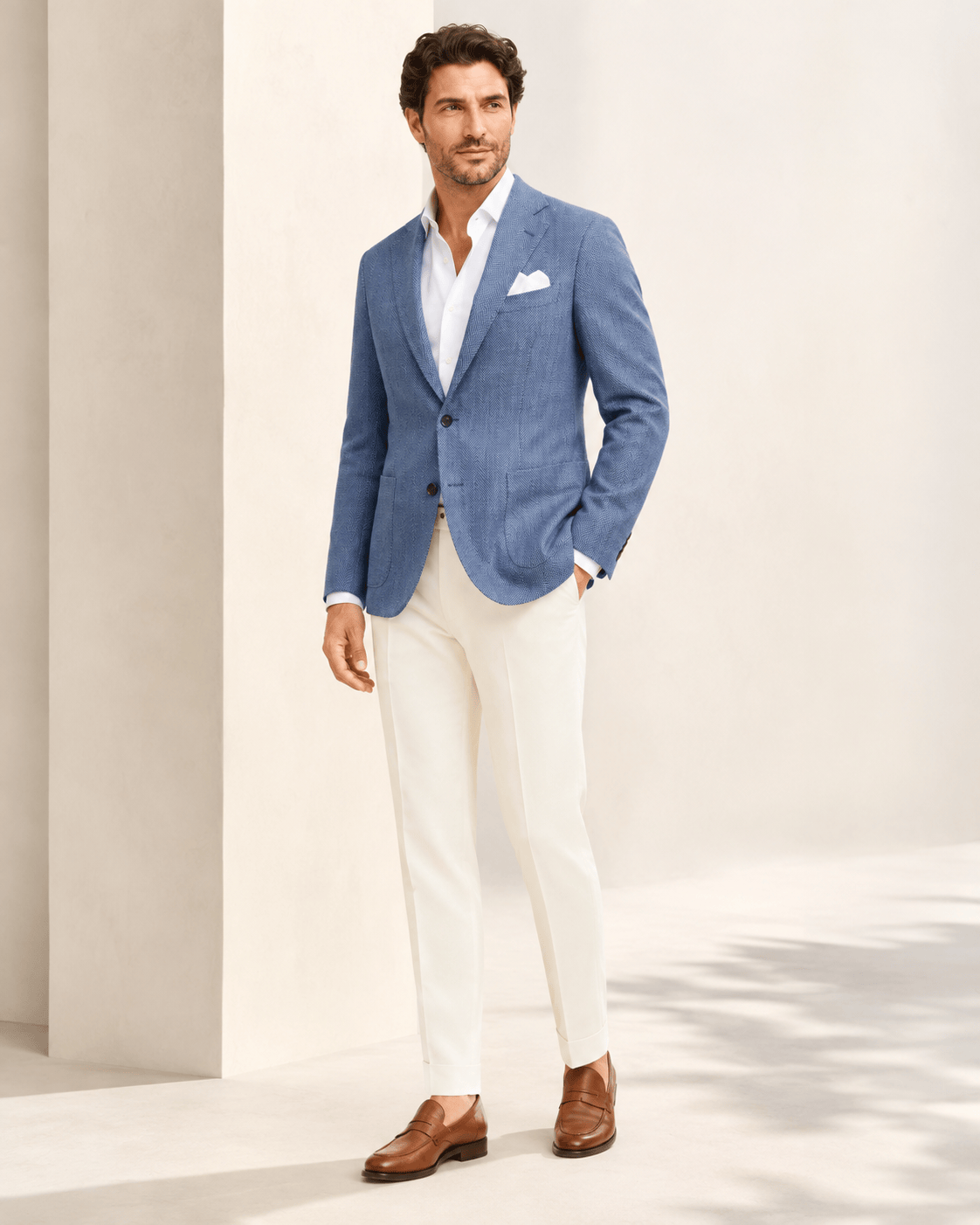 Marineblauer Leinen-Baumwoll-Blazer mit Fischgrätmuster und einreihigem Design