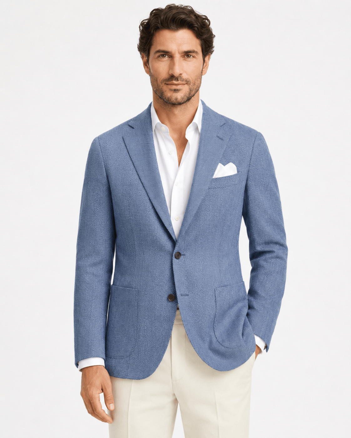 Marineblauer Leinen-Baumwoll-Blazer mit Fischgrätmuster und einreihigem Design