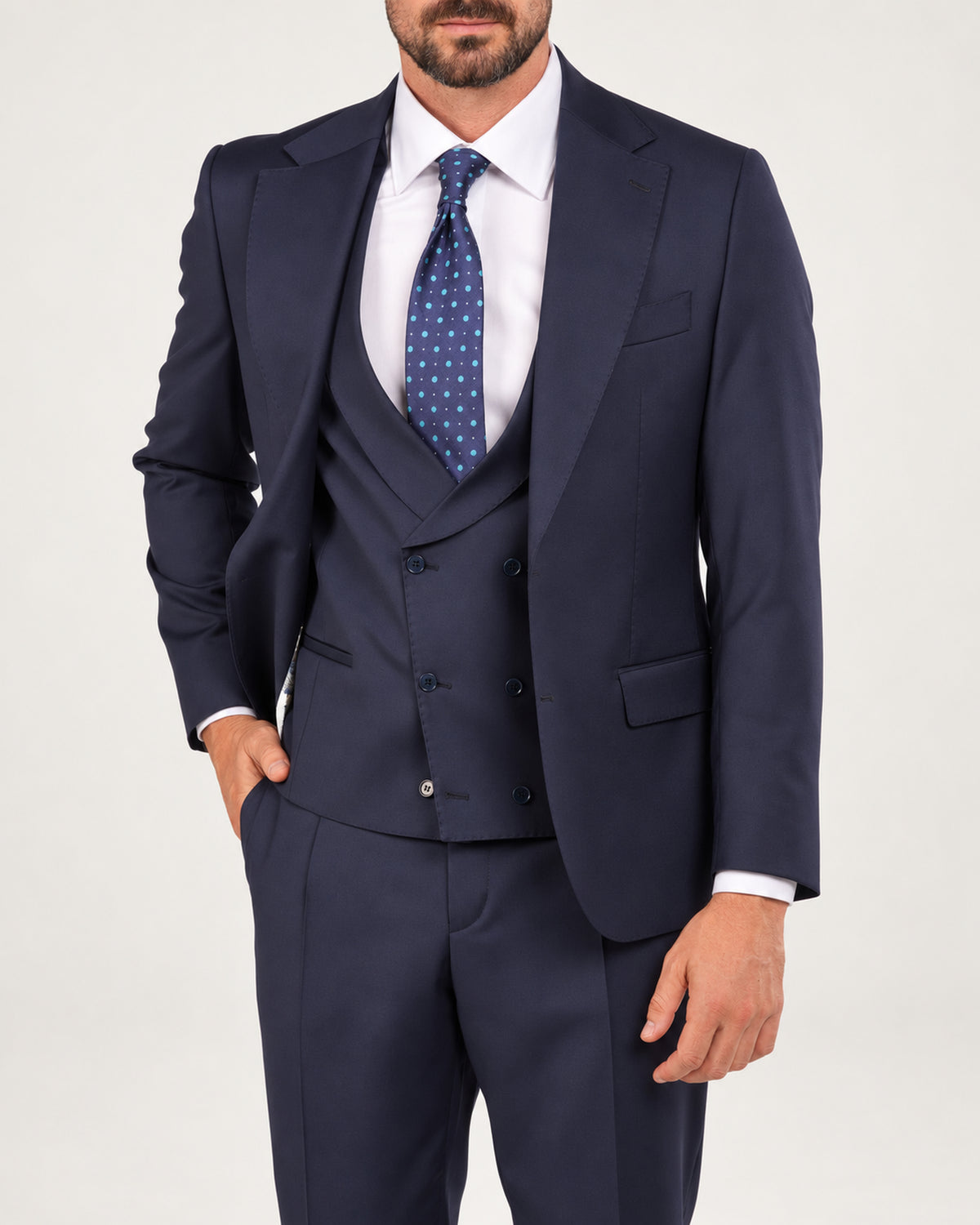 Navy slim-fit three-piece wool suit