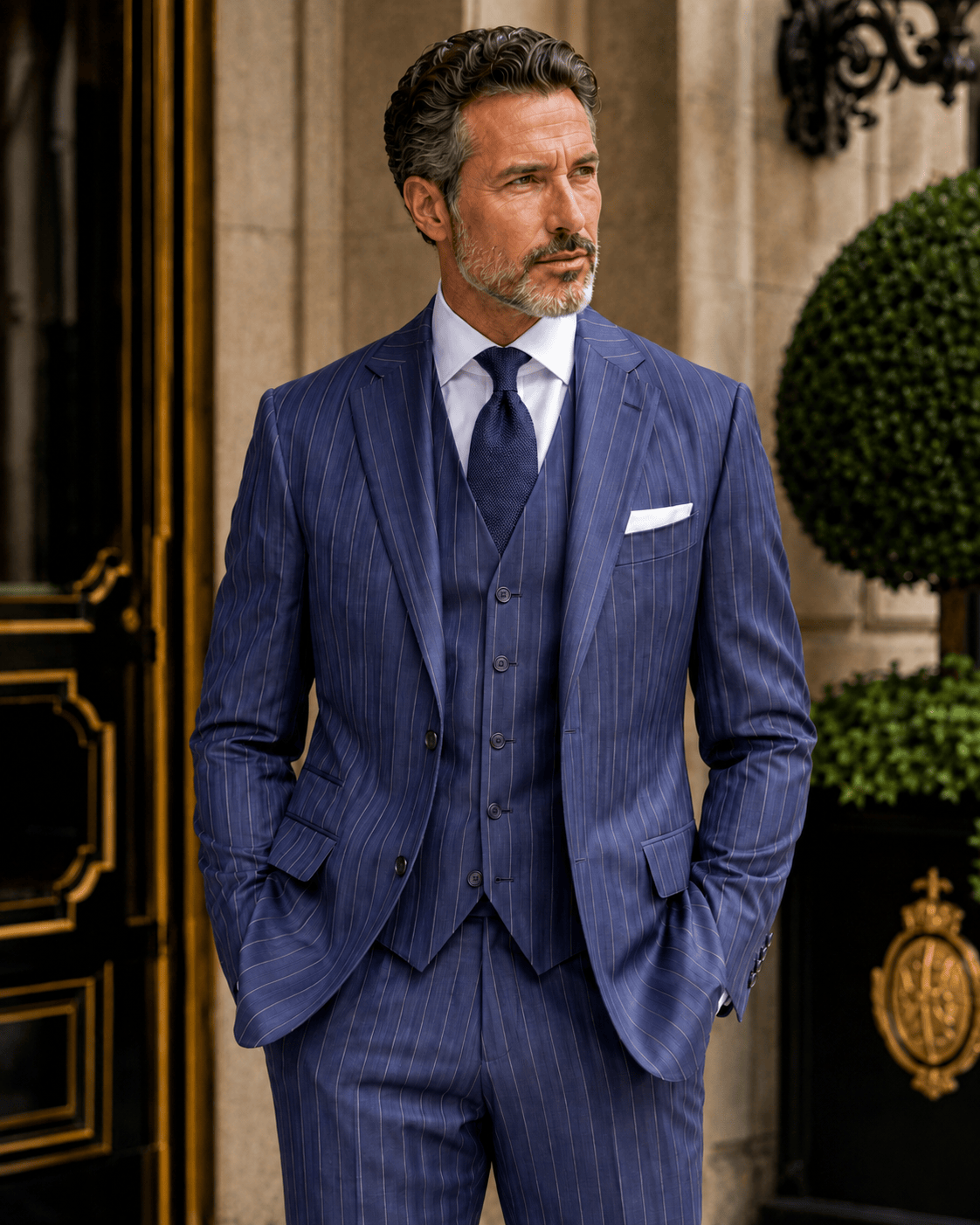 Marineblauer Slim-Fit-Einreiher mit Nadelstreifen aus Wollmischung – Dreiteiliger Anzug