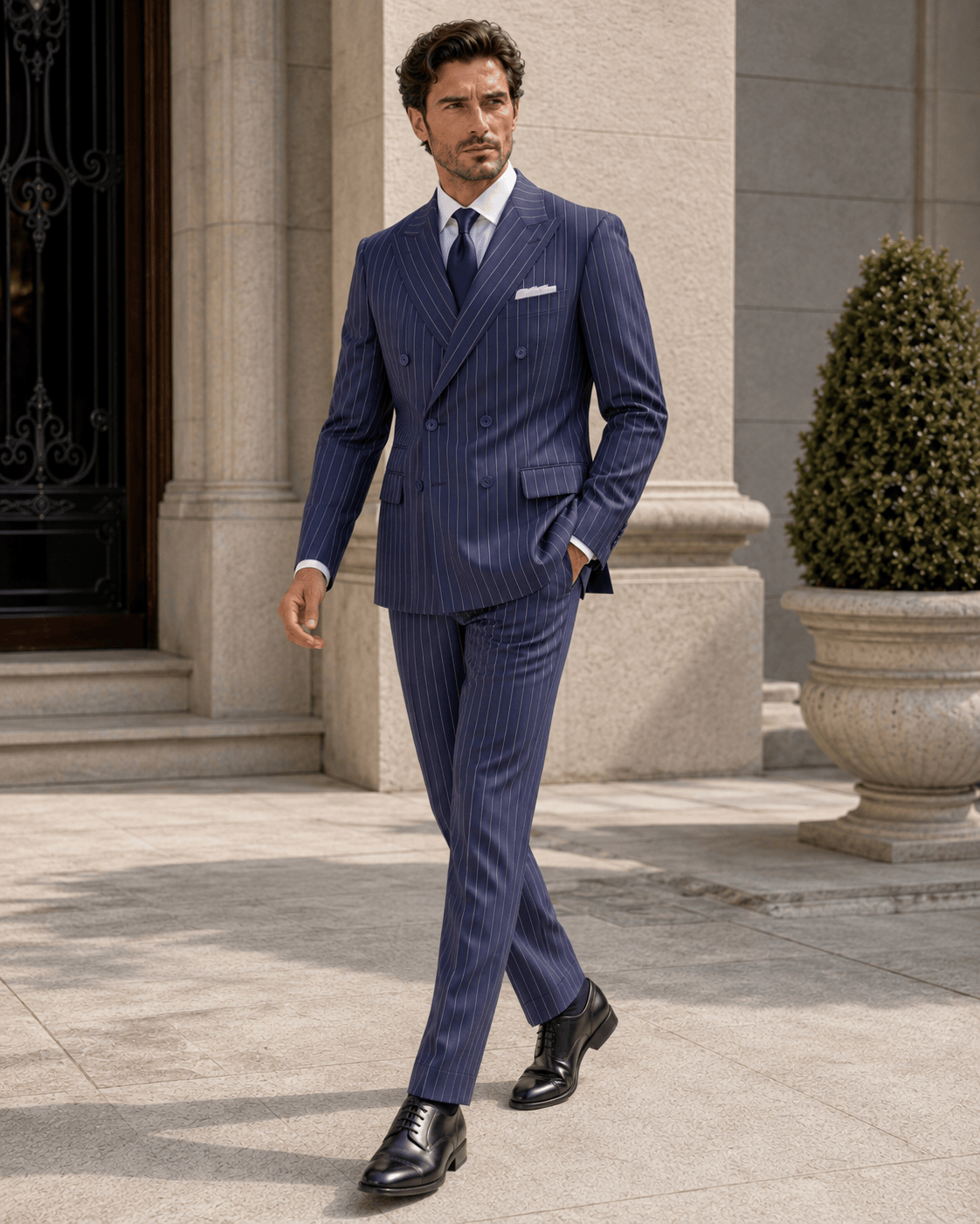 Marineblauer Slim-Fit-Zweireiher aus Wollmischung mit weißen Nadelstreifen