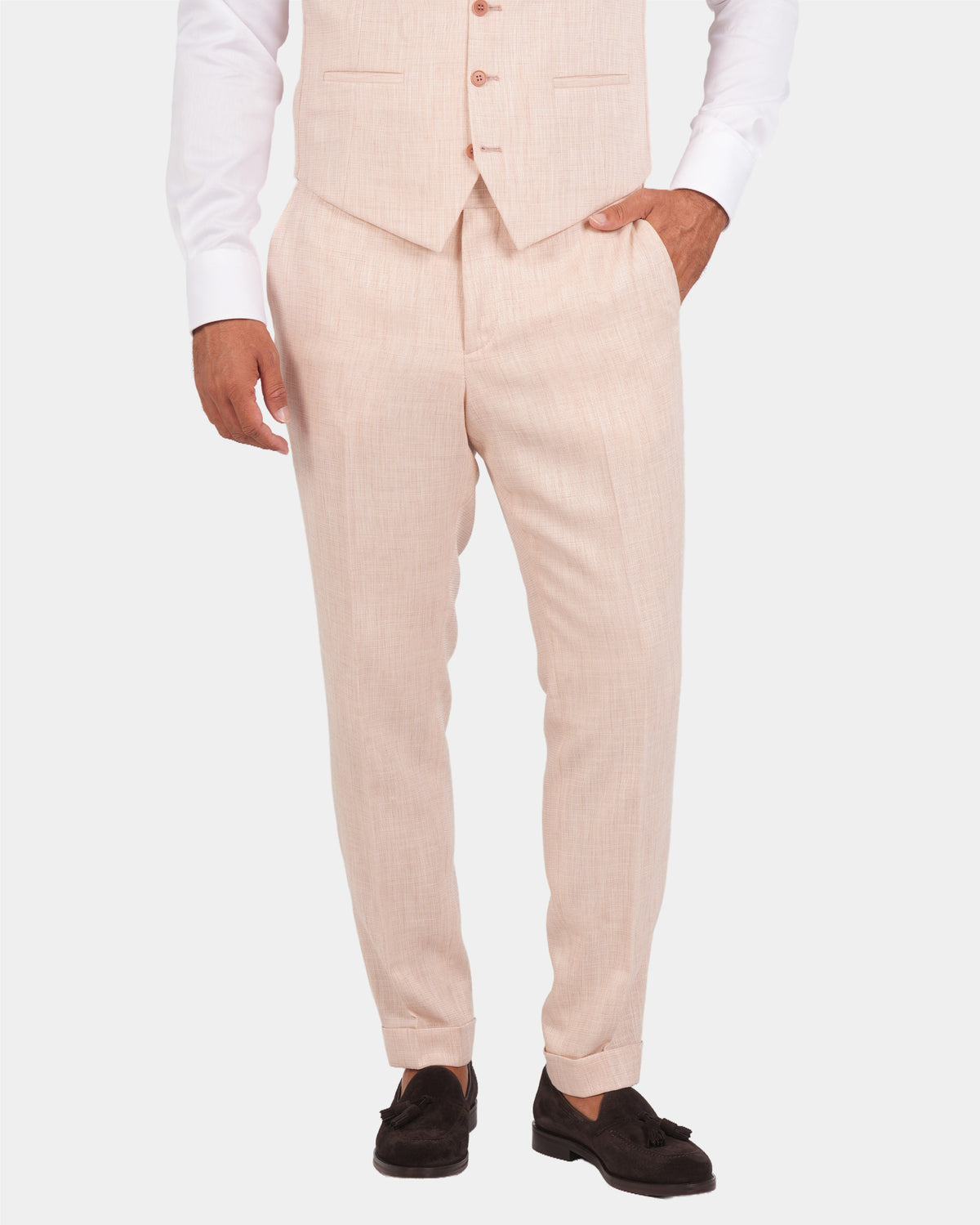 Pfirsichfarbener Slim-Fit-Dreiteiler aus Mikrofasermischung – Ansicht der Hose