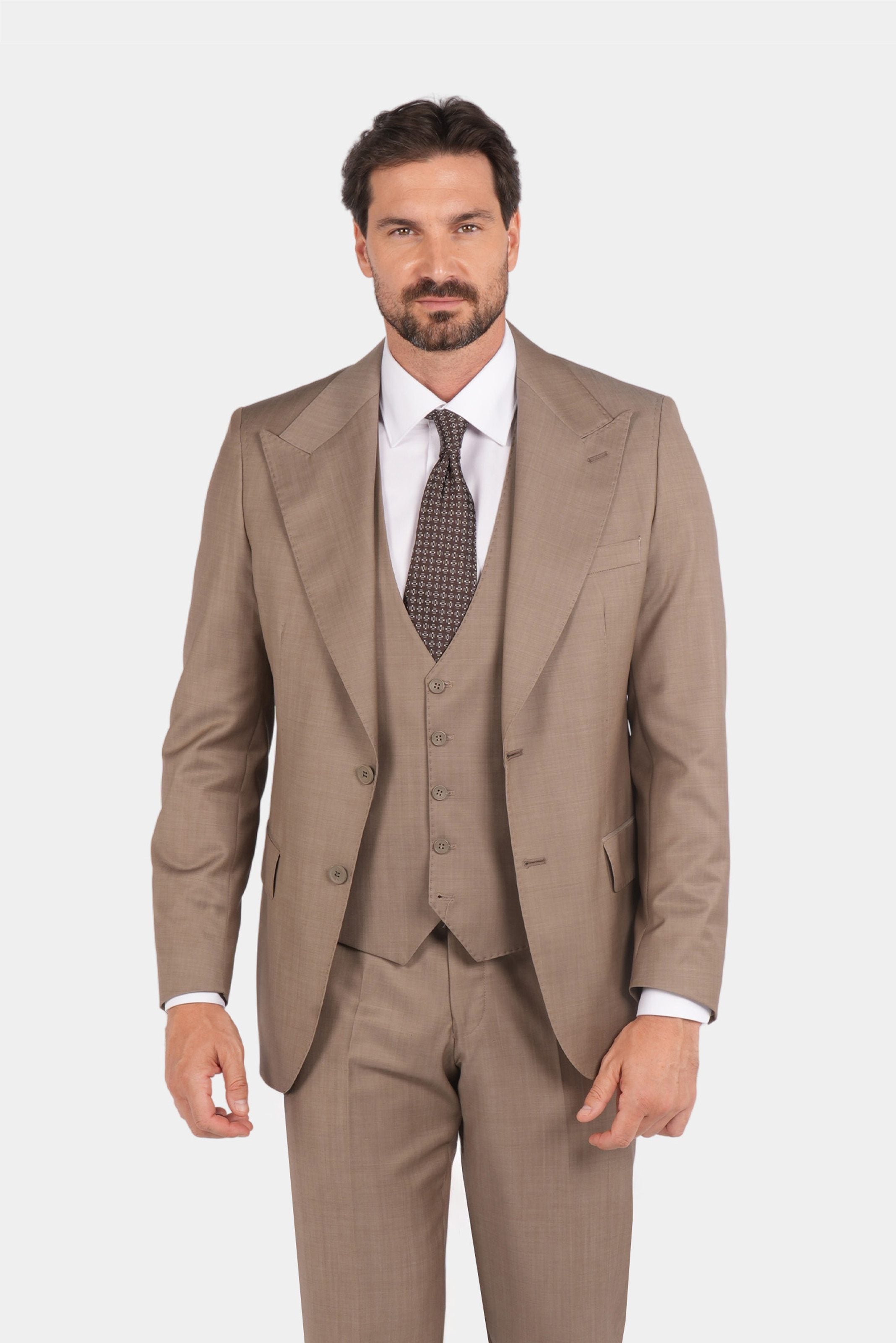 Sandbeige Dreiteiliger Woll-Anzug mit Tailored Fit
