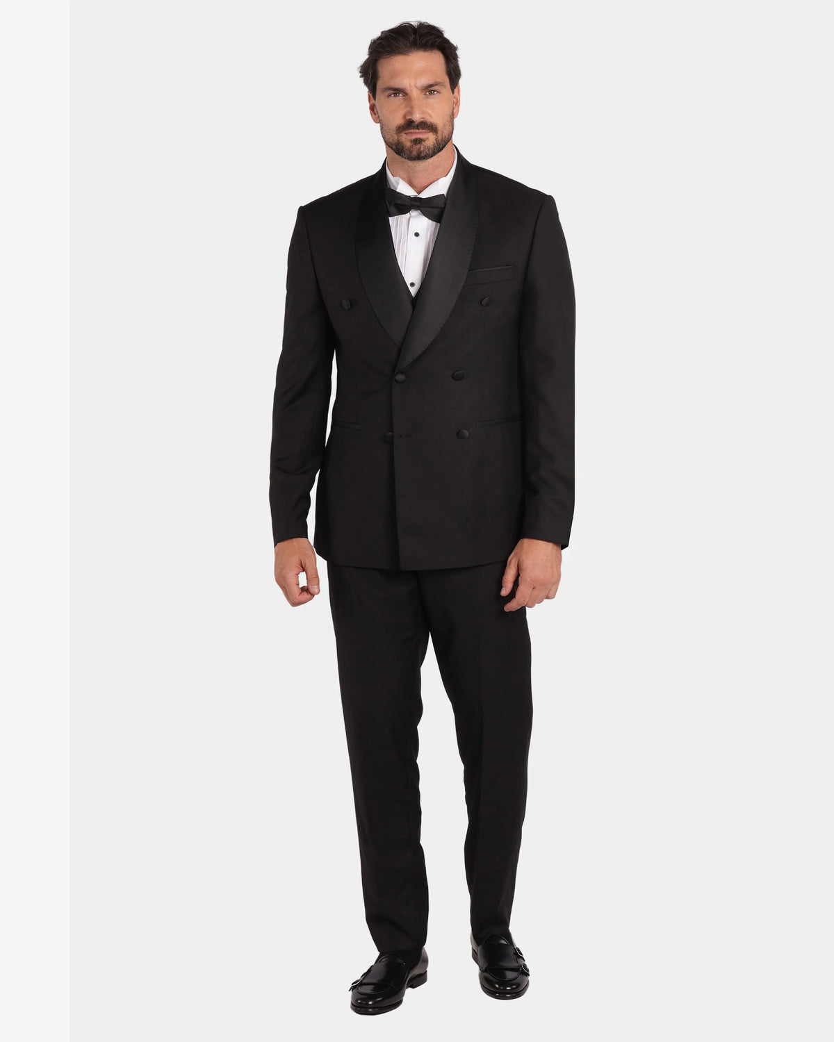 Black slim-fit double-breasted tuxedo with peak lapels