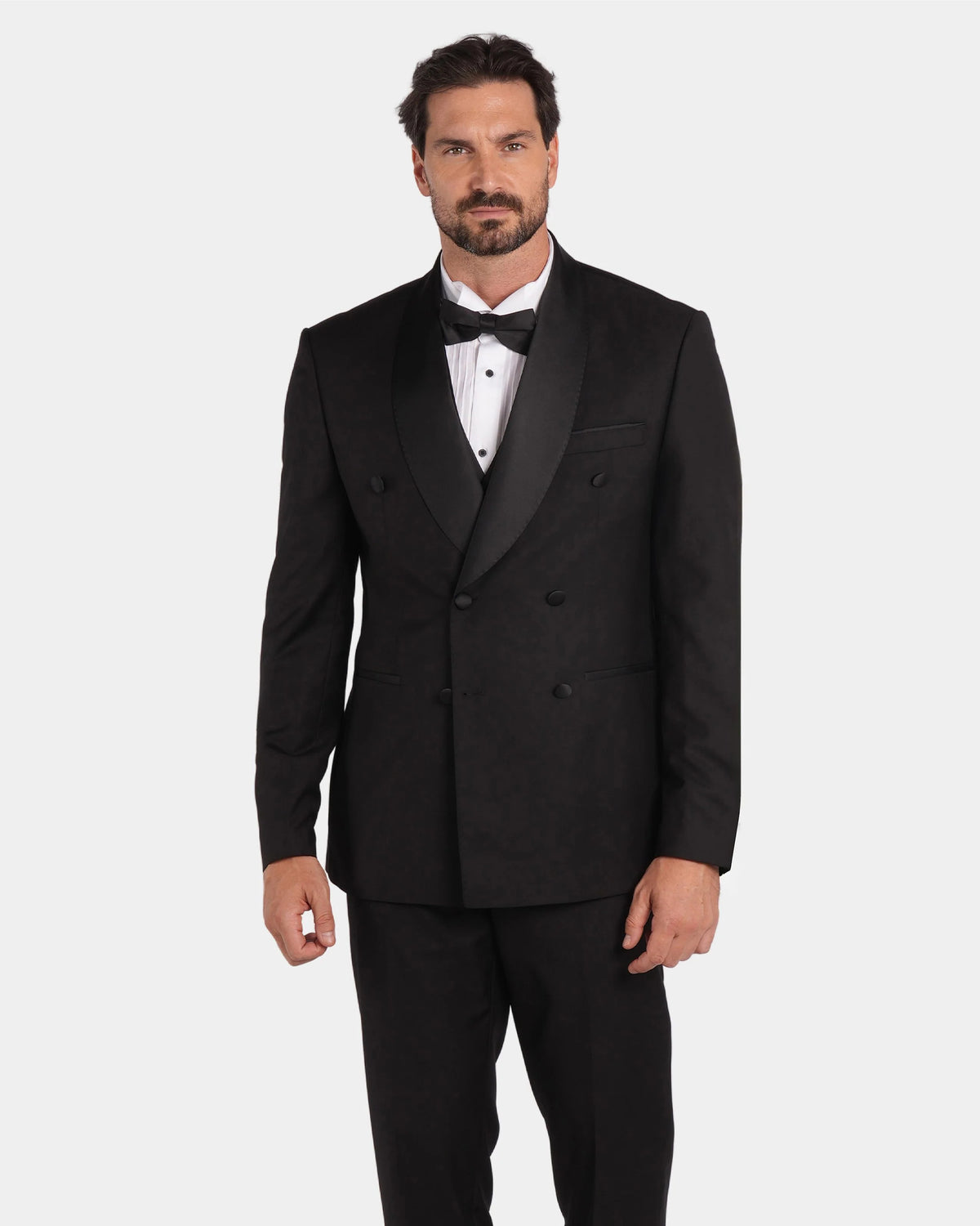 Black slim-fit double-breasted tuxedo with peak lapels