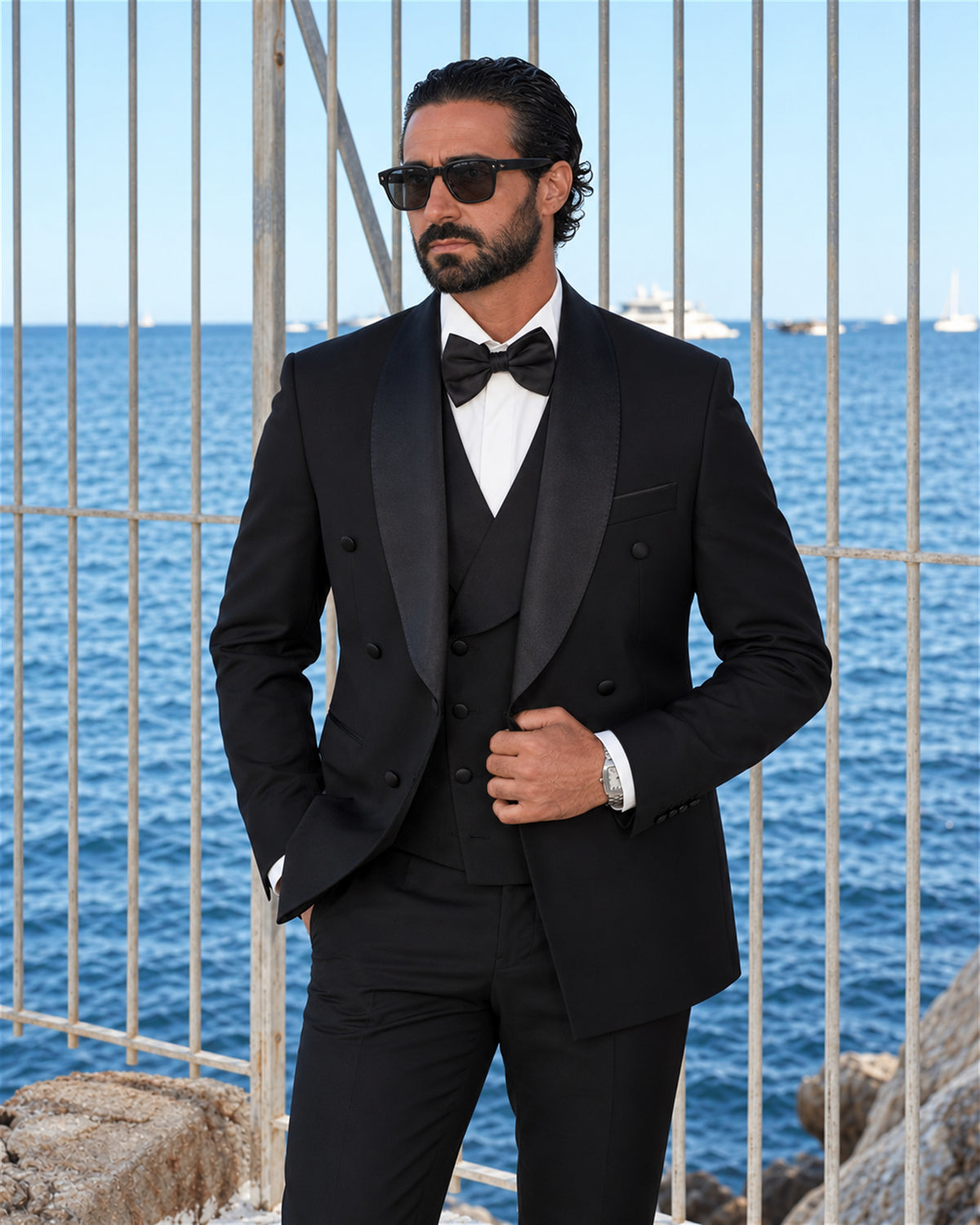 Schwarzer Slim-Fit-Zweireiher aus Cerruti Super-160s-Wolle