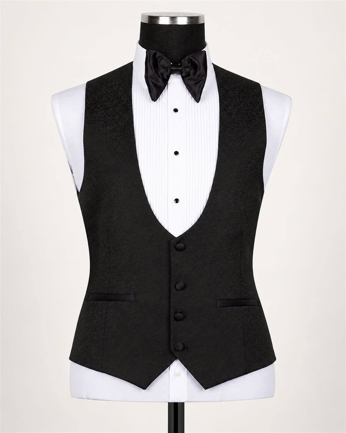 Black three-piece slim-fit tuxedo with a shawl collar – waistcoat on mannequin