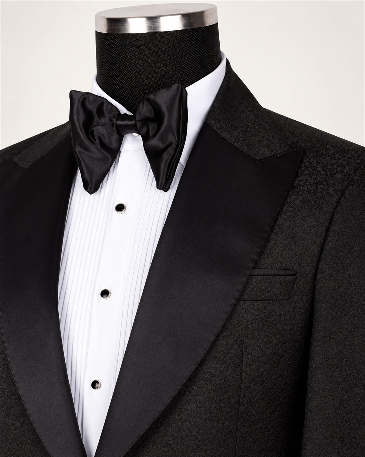 Black three-piece slim-fit tuxedo with a shawl collar – lapel detail