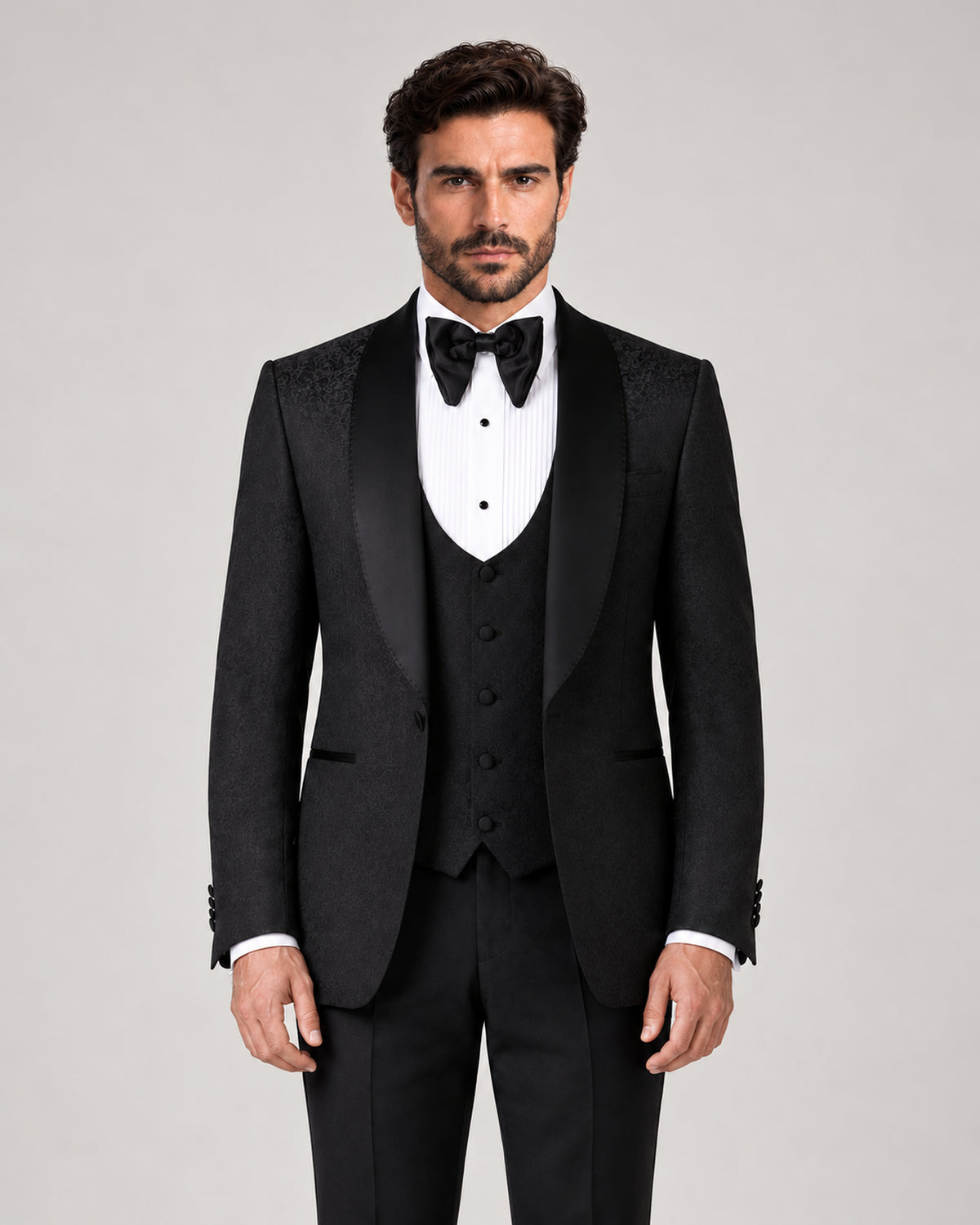Black three-piece slim-fit wool tuxedo