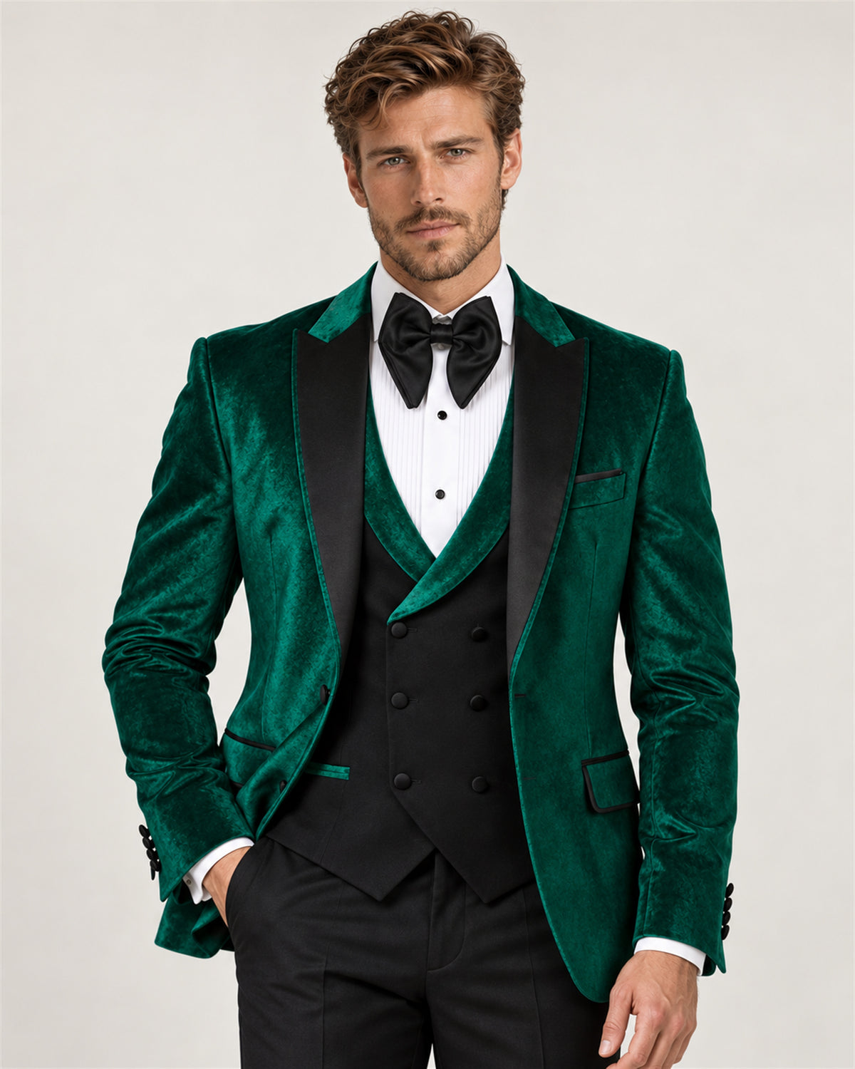 Emerald green slim-fit tuxedo with a velvet jacket – on model