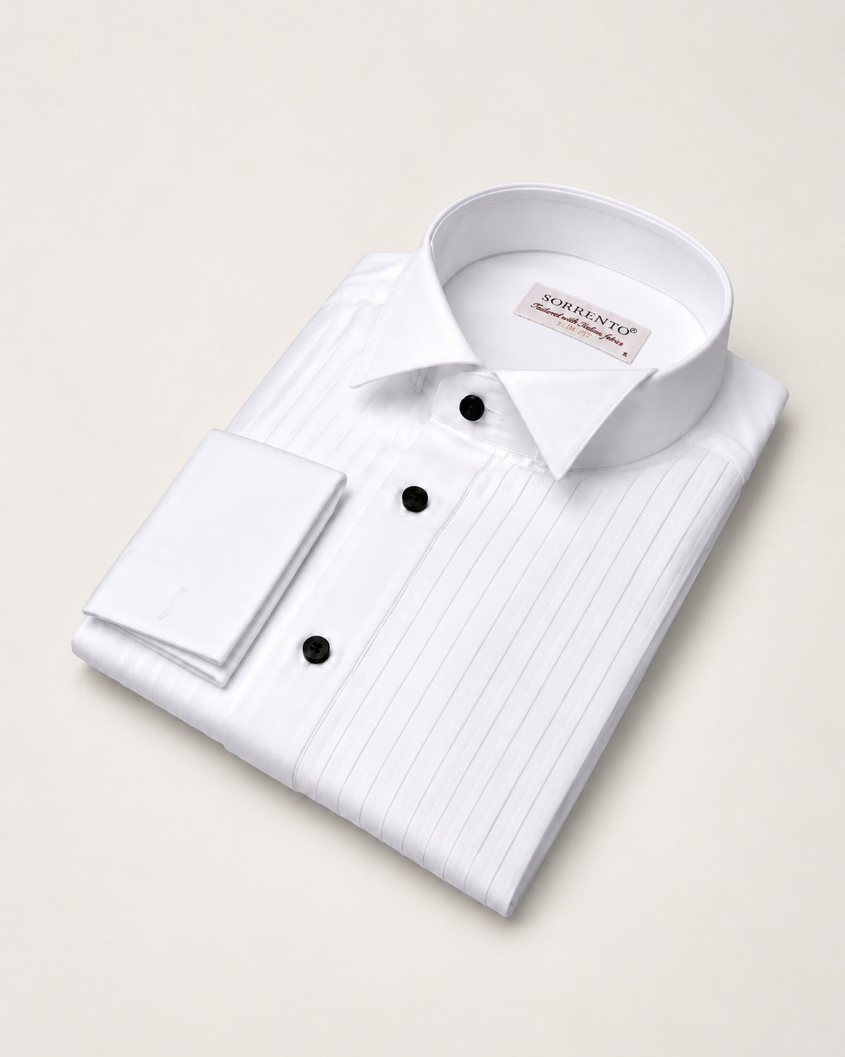 White cotton tuxedo shirt with a pleated front