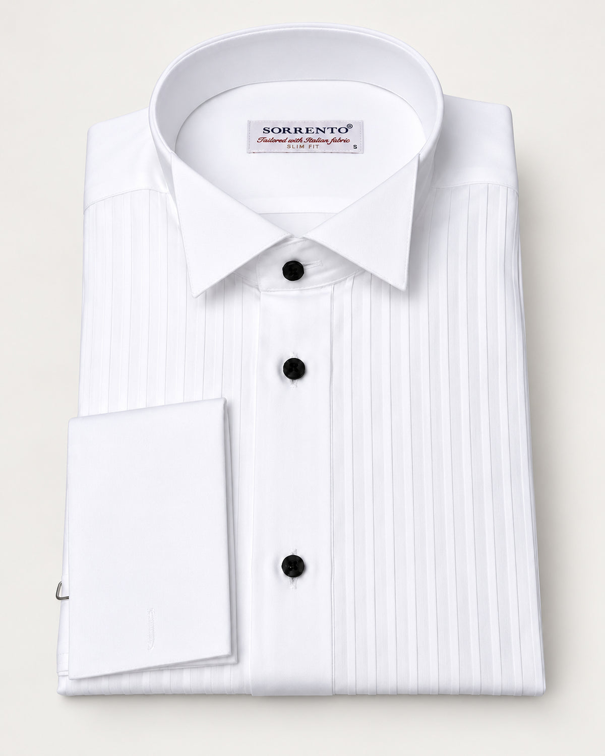 White cotton tuxedo shirt with a pleated front