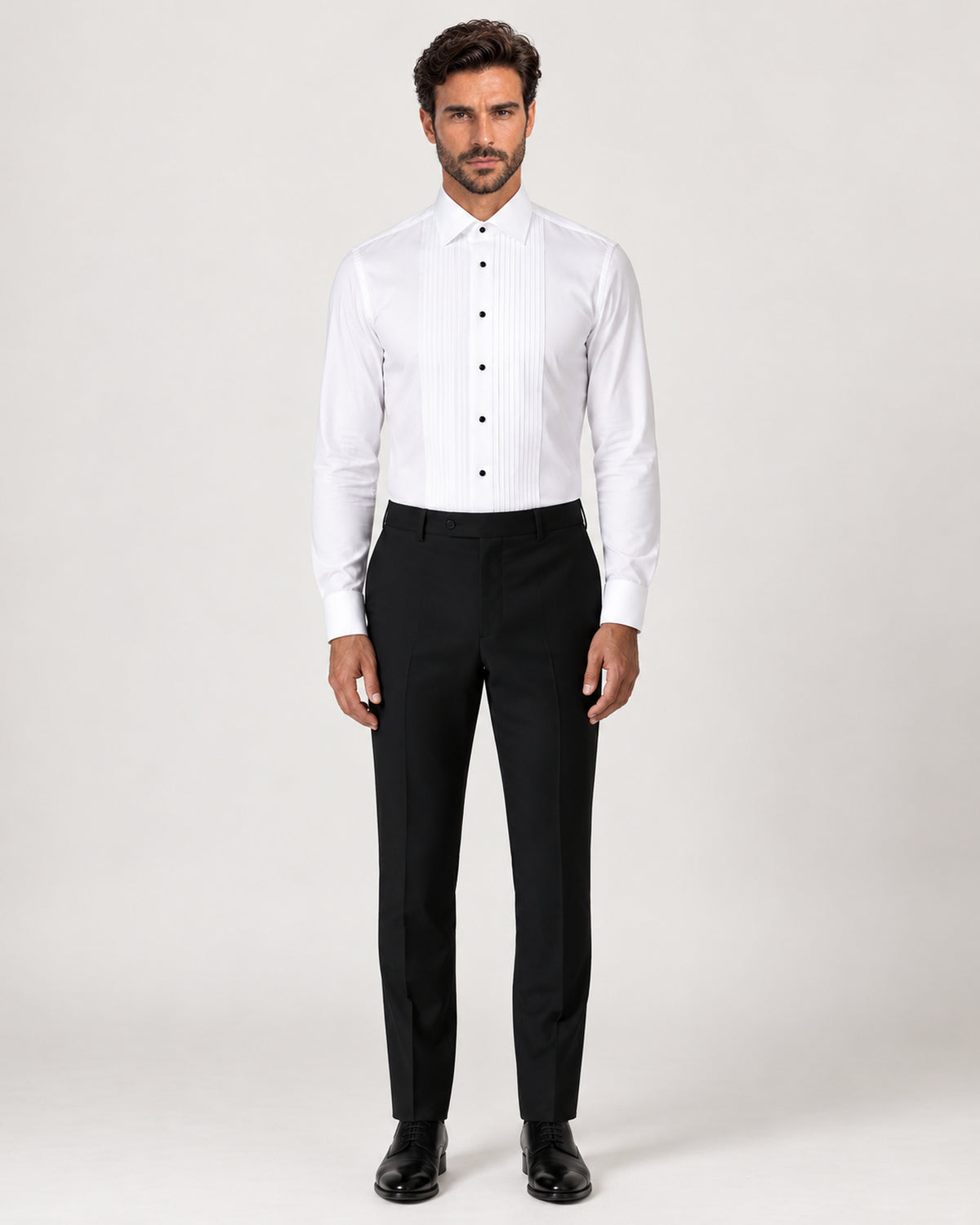 White cotton tuxedo shirt with a pleated front
