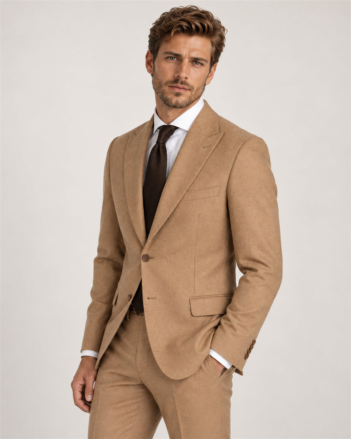 Camel tailored-fit single-breasted wool-blend suit – on model