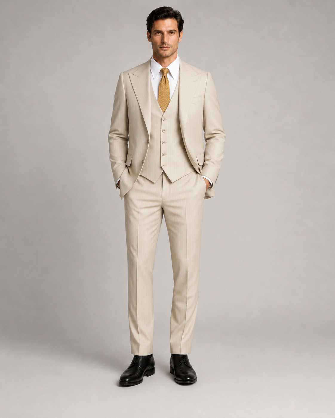 Beige gestreift Modern Fit Einreihiger Anzug