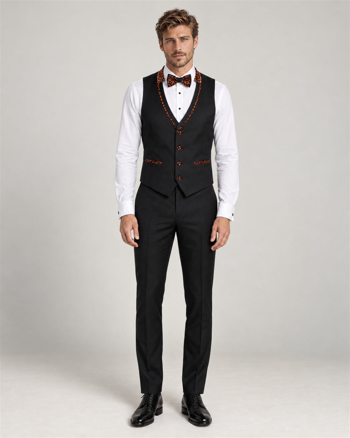 Ottawa orange patterned slim-fit tuxedo – waistcoat and trousers on model