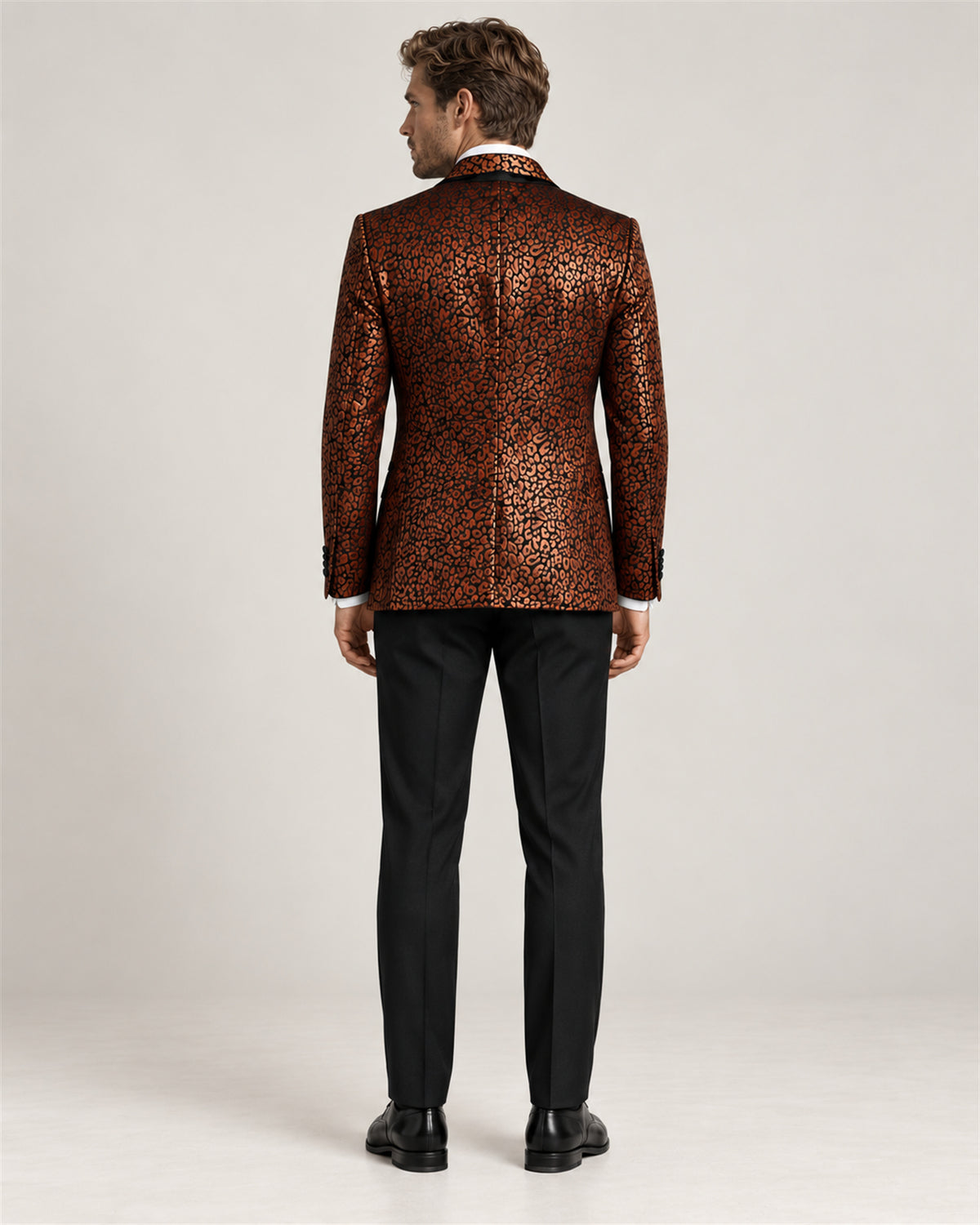 Ottawa orange patterned slim-fit tuxedo – back view on model