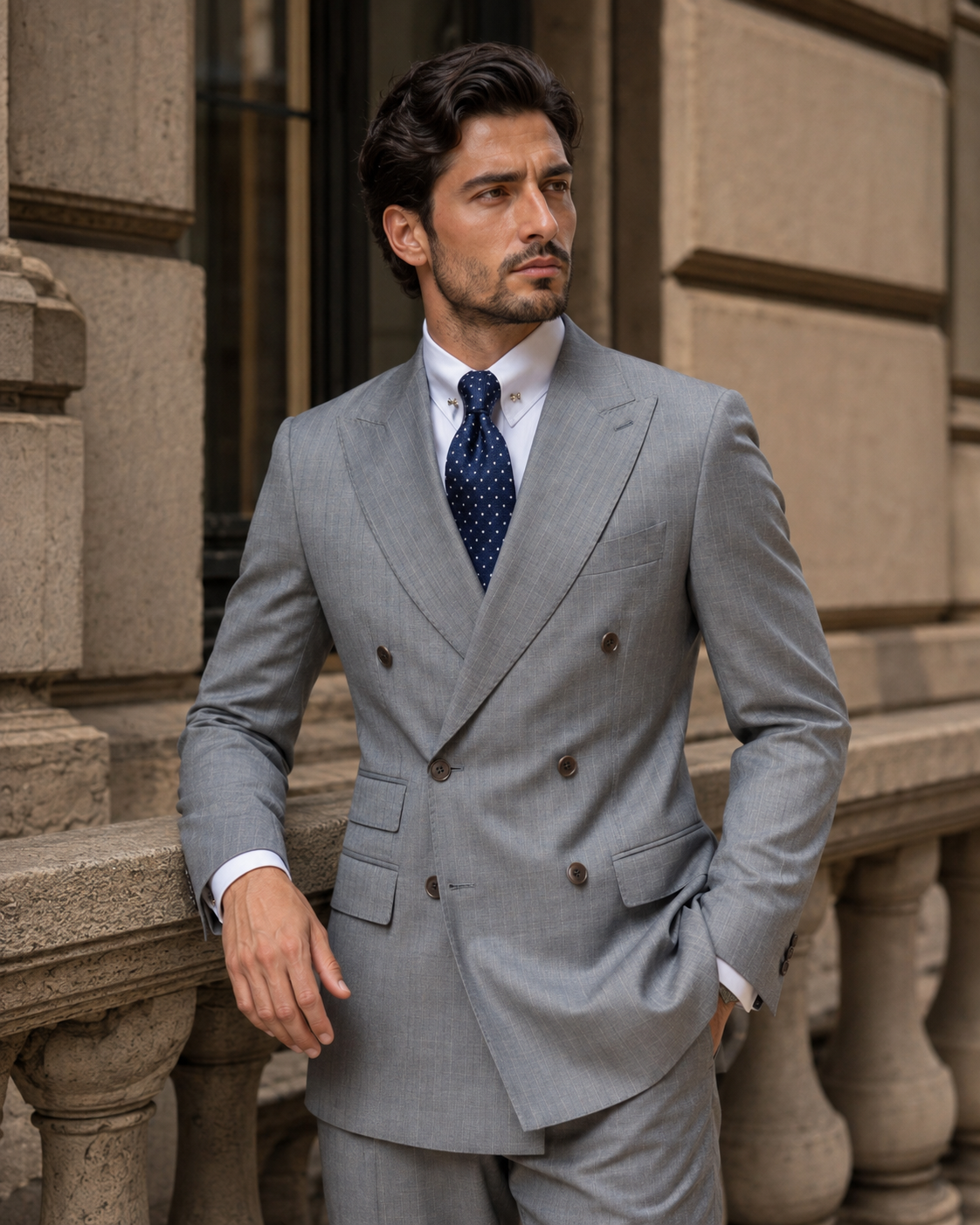 Grauer Slim Fit Zweireiher Anzug aus Wolle