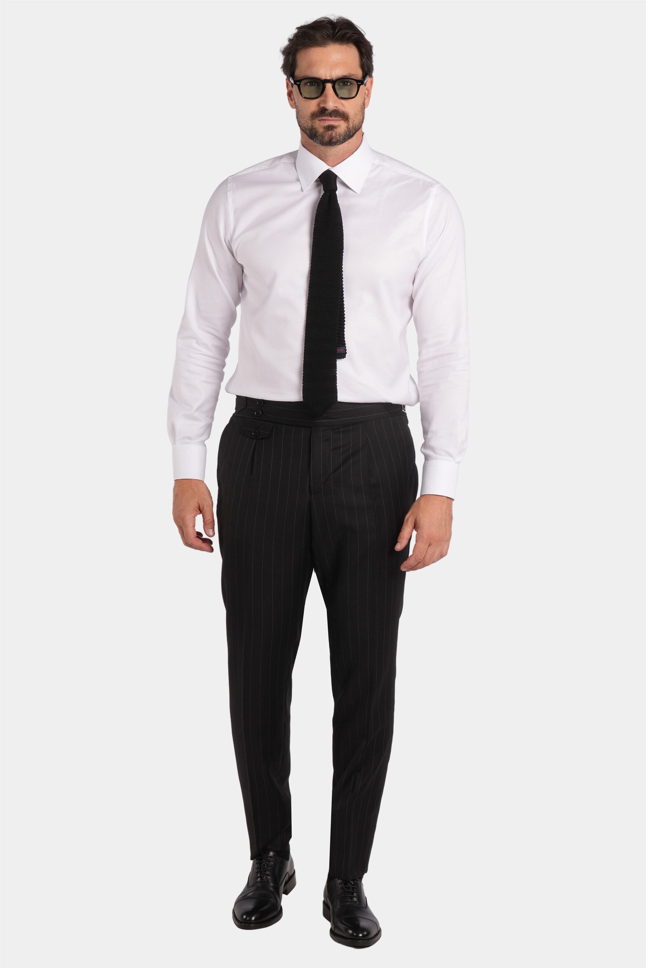 Schwarzer Nadelstreifen Slim Fit Zweireiher Anzug aus Wolle