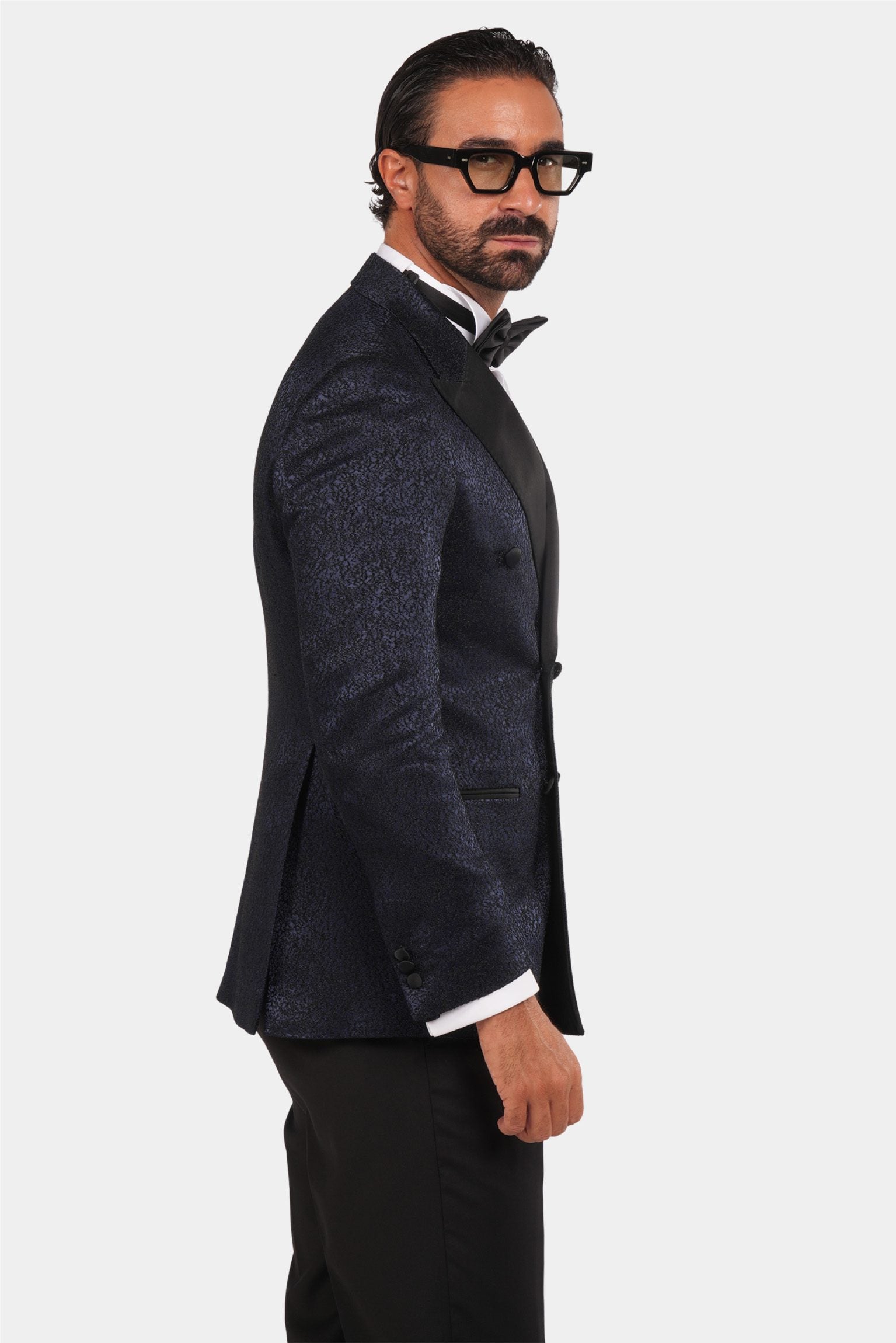 Smoking Herren Blau-Schwarz – Doppelreiher mit Satin-Revers & Struktur