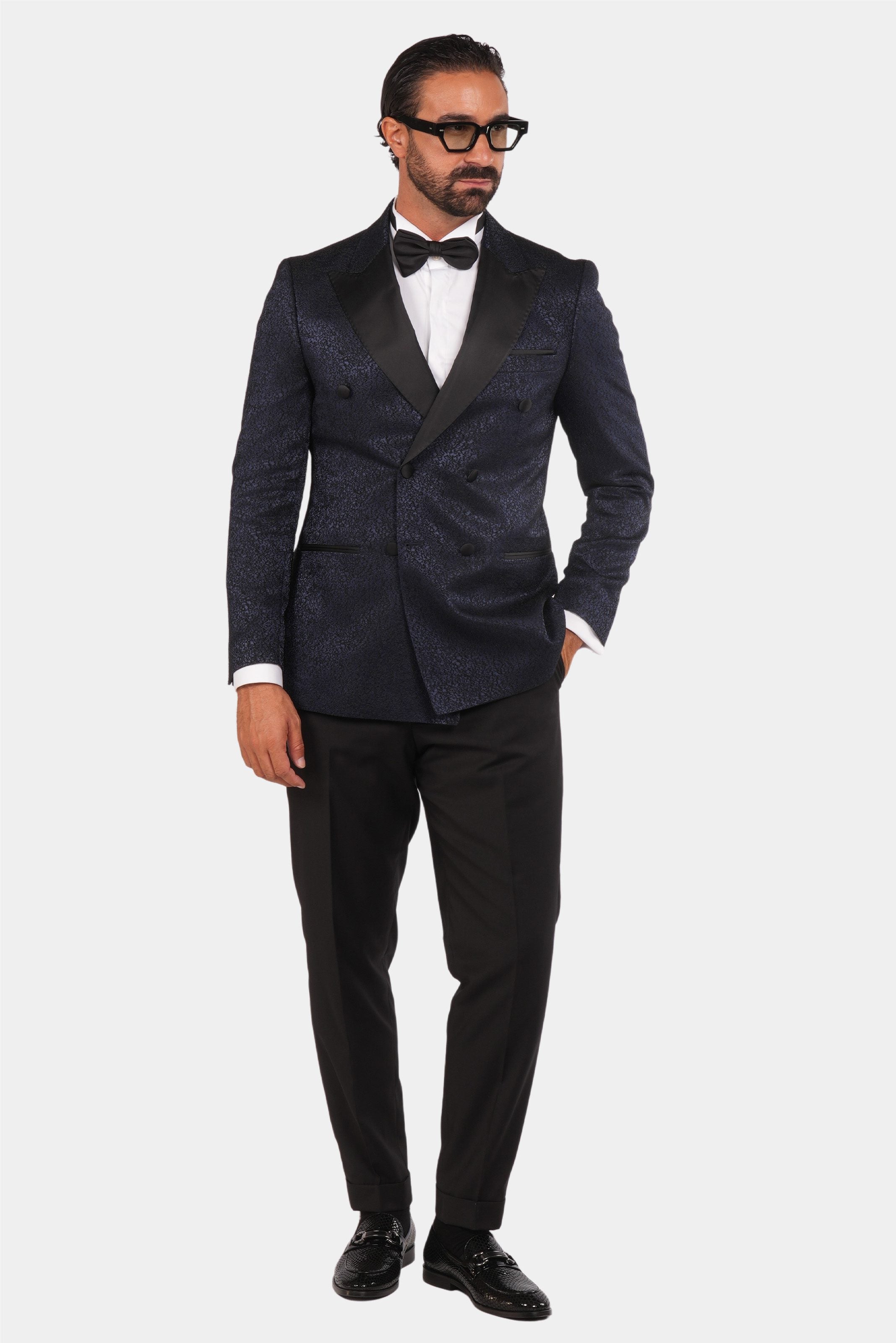 Smoking Herren Blau-Schwarz – Doppelreiher mit Satin-Revers & Struktur