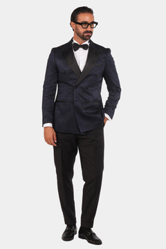 Smoking Herren Blau-Schwarz – Doppelreiher mit Satin-Revers & Struktur