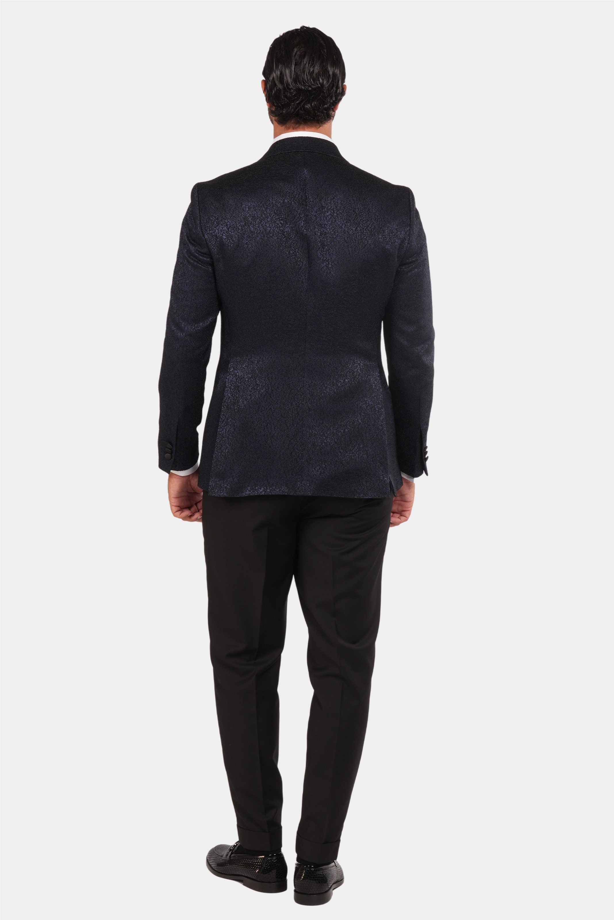 Smoking Herren Blau-Schwarz – Doppelreiher mit Satin-Revers & Struktur