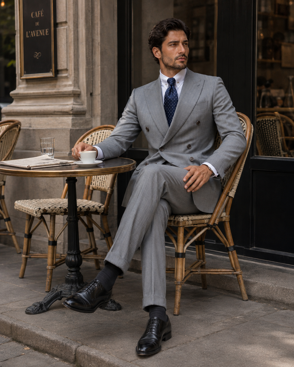 Grauer Slim-Fit-Zweireiher aus Wolle